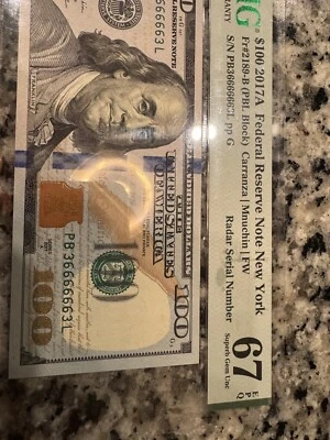 RARE LUCKY NIMBER 100$ 2017 Serial Super Radar 36666663 PMG-67 SUPER GEM UNC - Image 1 of 3