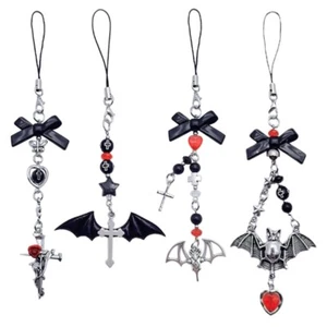 Punk Bat Phone Charm for Women Men Halloween Cross Pendant Bowknot Heart Lanyard - Zdjęcie 1 z 12