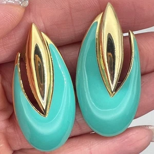 Vintage Trifari Gold & Turquoise Enamel Earrings – Modernist Leaf Design, 2" - Picture 1 of 5