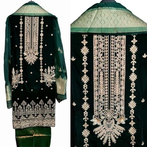 DARK GREEN VELVET w EMBR INDIAN PAKISTANI SALWAR KAMEEZ SUIT MATERIAL LADIES DEN - Picture 1 of 5