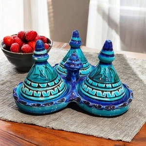 3er Set handgefertigte marokkanische Keramik Tajines für Gewürze und Saucen, dunkelgrün - Bild 1 von 3