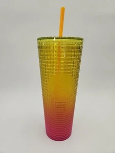 STARBUCKS 2022 Venti Tumbler Lemon Yellow Pink Gradient Ombre Grid 24oz  IN7381T - Picture 1 of 9