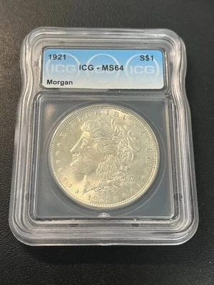 1921 MORGAN DOLLAR ICG MS-64 - UNCIRCULATED - LAST YEAR - LUSTER- CERTIFIED - $1 - Image 1 of 2