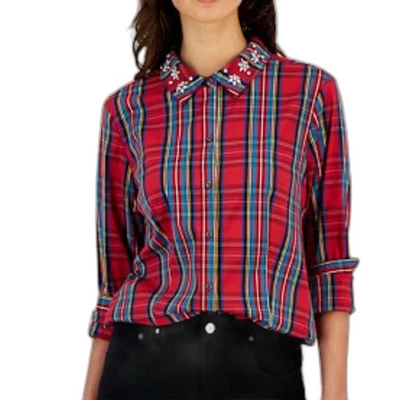 Camisa para mujer Charter Club nueva con etiquetas roja a cuadros con botones talla 8 Foto 1 de 4