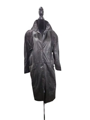 Vintage Women's Pelle Black Leather Long Coat~Embossed Panels~Size Small~Button - Image 1 of 4