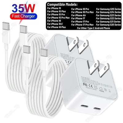 35W USB-C Fast Charger Block PD Type-C Cable For iPhone Air 15 16 17 Pro Samsung - Image 1 of 4