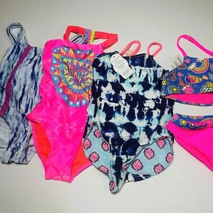 Girls XS 4 5 Swimsuits Rainbows, Aztec One & two Piece-  Lot Of 4 - Picture 1 of 18