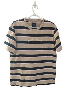 HUF T Shirt Mens Size Medium Tan Black Pink Striped Casual Short Sleeve - Picture 1 of 8