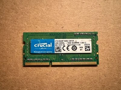 CRUCIAL 4GB DDR3L 1600MHZ PC3L-12800 1RX8 SODIMM CT51264BF160BJ C6-9(13) - Image 1 of 4