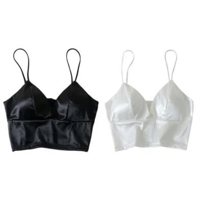 Women Sexy Satin Spaghetti Strap Bralette Deep V-Neck Solid Color Cami Crop Top - Image 1 of 4