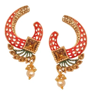 Big Painted Indian Gold Jhumka Earrings Beige Pearl Kundan Bollywood  Jewelry - Image 1 of 2