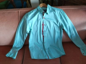 Vintage Mens Shirt Fifth Avenue First Hand Productions M turquoise red trim GC - Picture 1 of 3