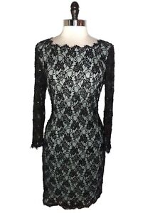 ADRIANNA PAPELL Size 14 Sheath Dress Black Floral Lace Sequins Beads Blue Lining