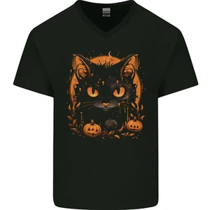 Halloween Cat With Pumpkins Mens V-Neck Cotton T-Shirt - Picture 1 of 3