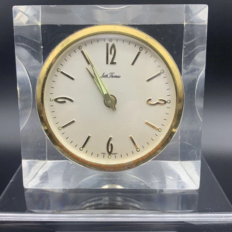 Lucite Acrylic Seth Thomas Wind Up Alarm Clock Square Clear GERMANY Mid Century Cover