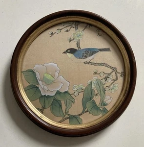 Vintage japanisches Gemälde Vogel & Laub signiert im runden Rahmen Galerie Wand - Bild 1 von 11