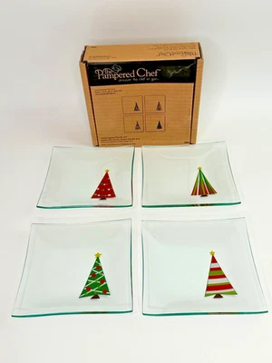 Pampered Chef Glass Holiday Christmas Tree Plates 2808 6" x 6" Set of 4 New - Image 1 of 4