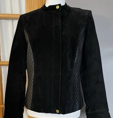 Chaqueta de cuero de gamuza Isaac Mizrahi para mujer 10 negra acolchada PU cremallera completa gótica Foto 1 de 4