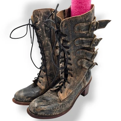 Botas Bed Stu de cuero Fiona envejecidas con cordones hebilla acento tacón talla 7 Foto 1 de 4