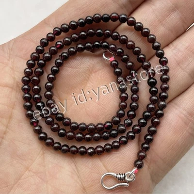 Natürlich 3MM Dunkelrot Granat Rund Edelstein Perlen Halskette Silber Verschluss - Bild 1 von 4