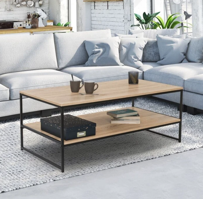 Table basse rectangulaire DETROIT double plateau 113 cm design industriel - Photo 1/2