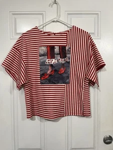WHY Dress Women’s S Red & White Striped Short Sleeve Top w/ Embellished Graphic - Picture 1 of 5