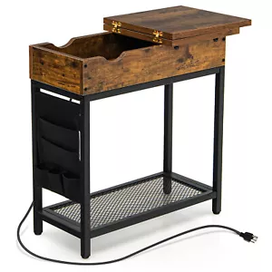 End Table with Charging Station Industrial Nightstand Flip Top Side Pocket USB - Picture 1 of 10