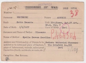 WW2 Bari Italian Detainee - Prisoner War Ephemera Index Card Captured Palestine - Picture 1 of 2