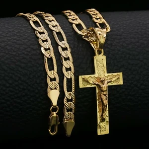 Hip Hop Jesus Cross (s-3) Pendant Solid Gold Plated 24" Figaro Chain Necklace - Picture 1 of 6