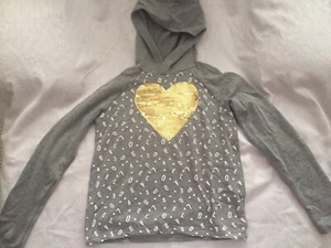 Girls Hoodie Sweatshirt Aeropostale Size 10 Gray White Gold Heart Sequins Love - Picture 1 of 6