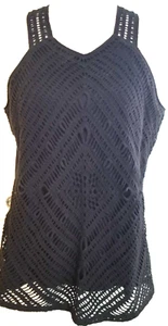 LAUREN Ralph Lauren XL Black Sleeveless Crochet Front Solid Back Knit Tank - Picture 1 of 14