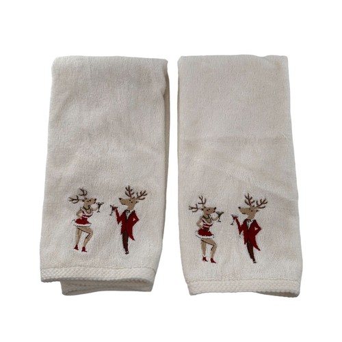 Casaba Embroidered Holiday Cheer Cotton Hand Towels 28"x16" Set Of 2