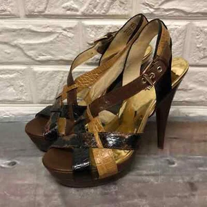 Michael Kors Niki Cross Strap Brown/Tan/Nat Snakeskin Leather Platform Heel sz 7 - Picture 1 of 8