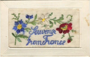 WWI, SOUVENIR FROM FRANCE, FLOWER - Embroidered Silk Military Patriotic Postcard - Picture 1 of 2