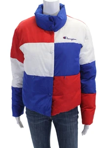 Champion Womens Color Block Zip Mock Neck Puffer Coat Red White Blue Size XS - Picture 1 of 6