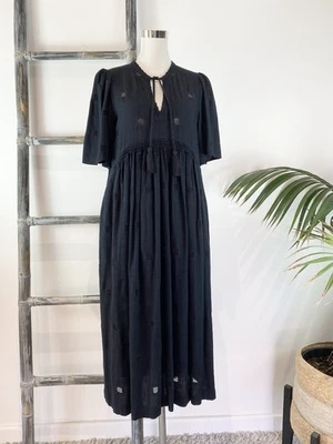 ba&sh Black Embroidered Short-Sleeve Gathered Midi Dress - Size 4 (Fit Size 12) - image 1 of 4