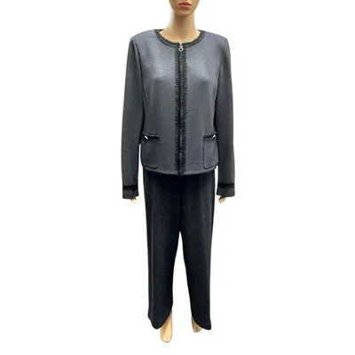 De colección Colección St. John Gris 3 piezas Tejido Pantalón Traje Chaqueta Camiseta sin mangas Pantalones L/cb Foto 1 de 4