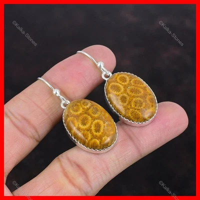 Oferta de Halloween Pendientes colgantes de coral fósil natural Joyería Plata de ley 925 Foto 1 de 4