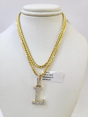 REAL 10k Oro Amarillo Palma Cadena L Diamante Inicial Colgante Dije 3mm CONJUNTO Collar Foto 1 de 4