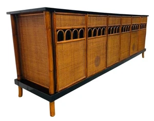 Mid-Century Modern Tommi Parzinger Style Rattan Cane Sideboard - Picture 1 of 9