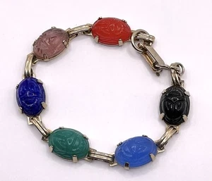 Vintage Scarab Egyptian Revival Multicolor Beetle Stone Bracelet Size 6.5” - Picture 1 of 5