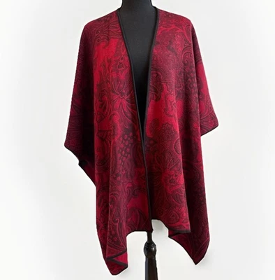 CHICOS Ruana Wrap Mujer Talla Única Rojo Negro Paisley Jacquard Chal Poncho Manta Foto 1 de 4