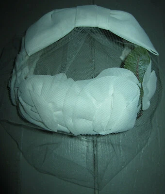 Vintage white bridal hat w fabric roses & bow, green leaves, full face veil - Image 1 of 4