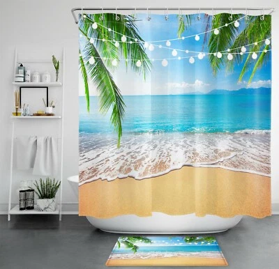 Ocean Beach Green Palm Shower Curtain Sets Tropical Party For Bathroom Decor - Image 1 of 4