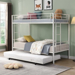 Twin Over Twin Bunk Bed Heavy Duty Metal Bunk Bed Frame w/ Trundle Bed White - Picture 1 of 8