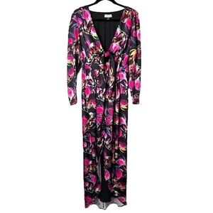 Delfi Collective Lindsay geblümtes Langarm-Satinkleid vorne zum Binden Größe Medium - Bild 1 von 12