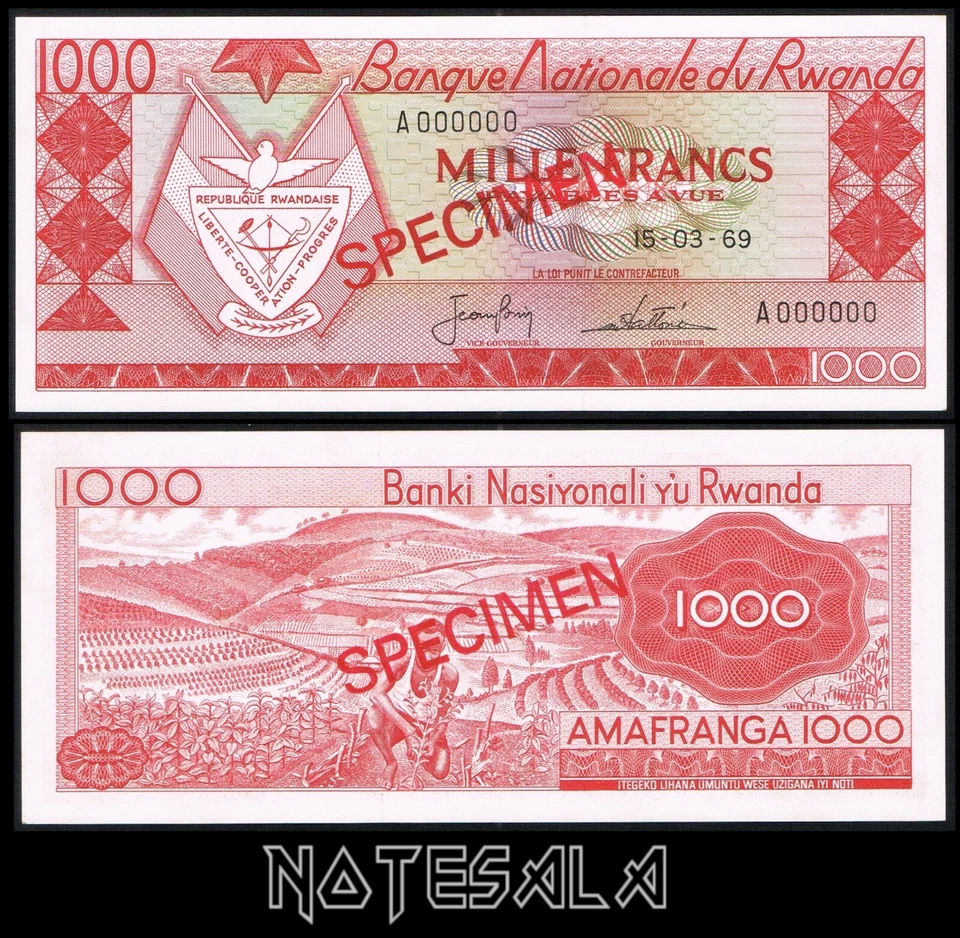 RWANDA 1000 1,000 FRANCS 1969 Pick-10s SPECIMEN UNC S/N A 000000 *VERY RARE* - Image 1 of 1