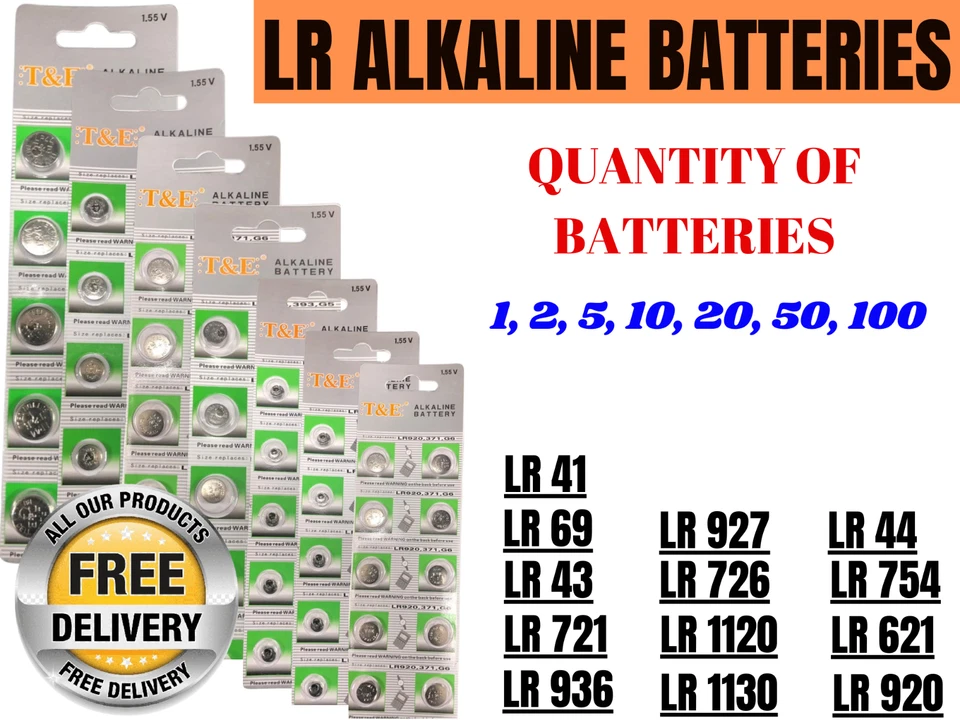 LR44, LR41, LR1130, LR43, LR1120, LR721 1.5V ALKALINE BUTTON BATTERIES COIN CELL - Image 1 of 1
