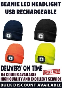 USB Portwest Rechargeable LED Beanie headlight 5 hour battery high powered Hat - Picture 1 of 10