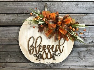Blessed FALL Pumpkin Shaped Door Sign 16" Antique White Wood Brown Orange Bow - Picture 1 of 1